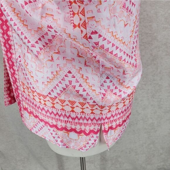 Slim Factor by Investments Plus Mosaic Tile Open Front Short Sleeve Kimono Pink - Picture 6 of 13